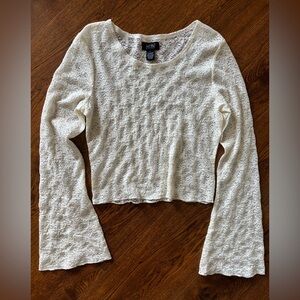 Just Polly long-sleeve, cropped, white lace top with bell sleeves. Size Large